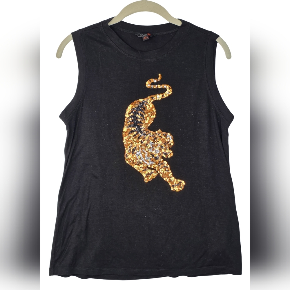 G by Guess Black Muscle Tee Gold Sequin Tiger Design Vintage Ch-0916